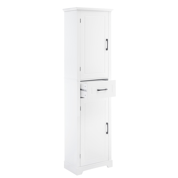 高浴室储物柜，独立式储物柜，带两个门和可调节搁板，门搁板设计，MDF 板，涂漆饰面，白色-17