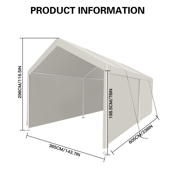 车棚，12×20 重型便携式车棚车库帐篷，适用于户外储物棚，白色-1