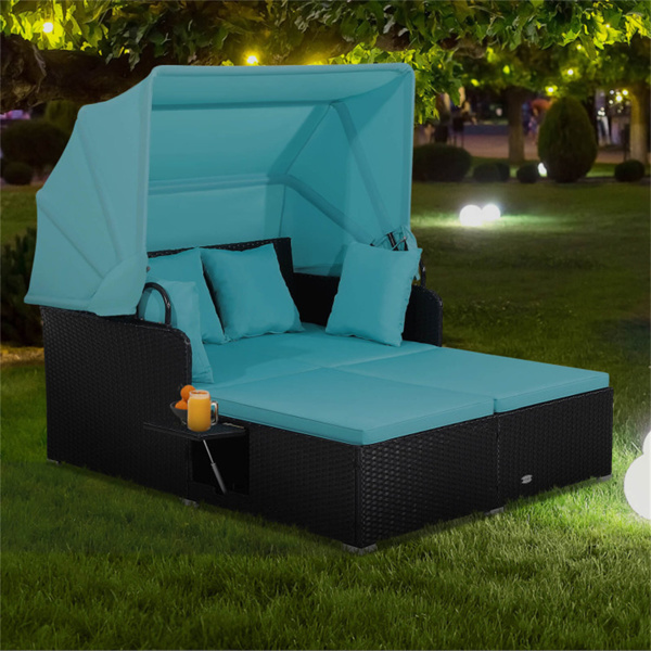 Turquoise Rattan Daybed Lounge W/ Retractable Top Canopy Side Tables Cushions 
