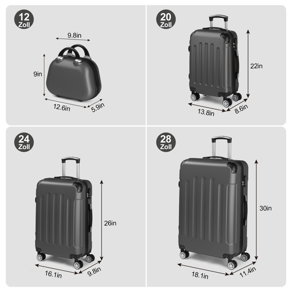 4-Piece Suitcase Set, Travel Suitcase Set, Hard Shell Trolley Made of ABS with Telescopic Handle, Hand Luggage, Gray