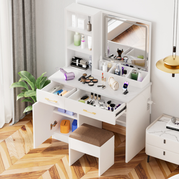 32\\'\\' Wide Makeup Vanity Desk with Lighted Mirror and Power Outlet, Dressing Table with Large Storage Space and Cushioned Stool for Bedroom & Studio