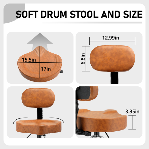 Drum Throne with Backrest, Hydraulic Drum Stool Adjustable Height, Heavy Duty Hydraulic Drum Seat Saddle Design for Drummers Brown