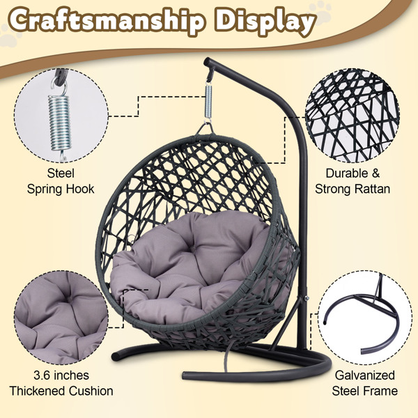 Cat Swing Bed with Stand & Cushion, Cat Egg Chair with Rattan Wicker Appearance, Indoor Hanging Swinging Cat Bed for Cats, Small Dogs, and Small Animals, Gray