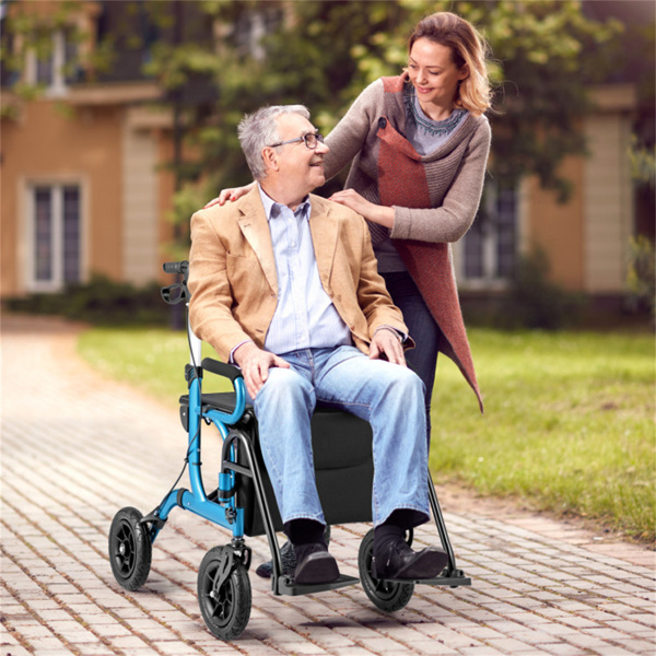 New 2-in-1 Foldable Rollator Walker with 9 Inch Pneumatic Tires 