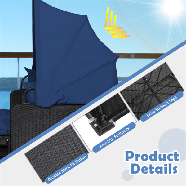 Navy  Rattan Daybed Lounge W/ Retractable Top Canopy Side Tables Cushions 