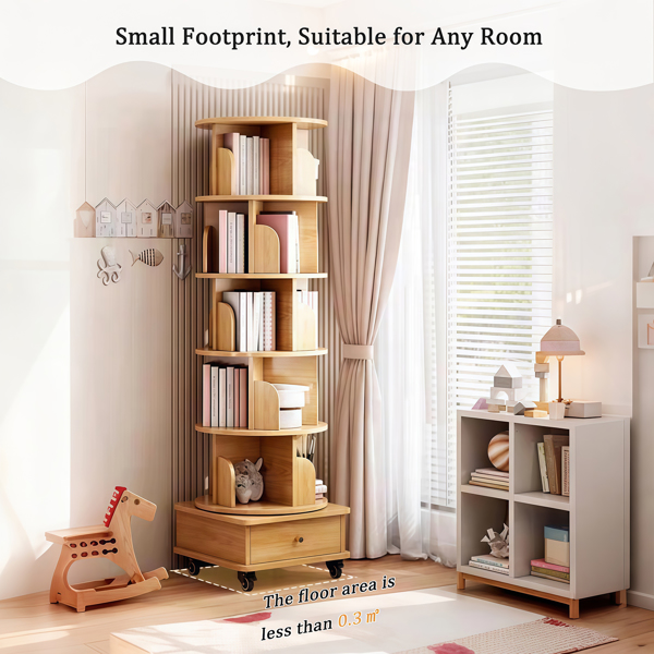 6 Tier Rotating Bookshelf, 360° Display Round Spinning Bookshelf with Wheels and Drawer, Space-Saving, Small Space Rotating Bookshelf Tower for Bedroom, Living Room, Home, Office, Wood Color