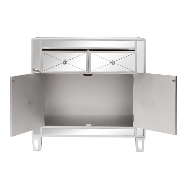 28in MDF With Mirror Surface Two Drawers Two Doors Bedside Table Silver