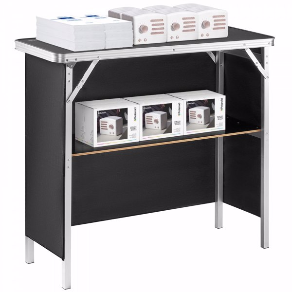 Folding Portable Bar Table with Carrying Case, Storage Shelf, and Black Skirt, 38.39