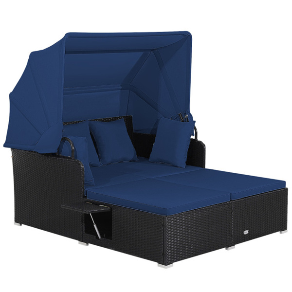 Navy  Rattan Daybed Lounge W/ Retractable Top Canopy Side Tables Cushions 