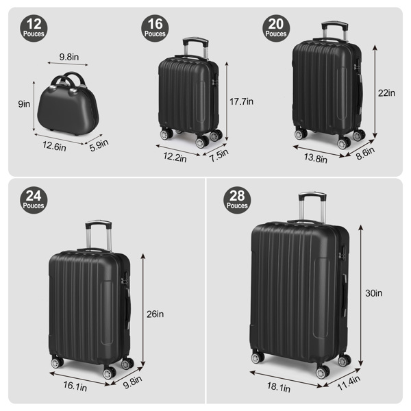5-Piece Suitcase Set, Travel Suitcase Set with Cosmetic Case, Hard Shell Suitcase Set Made of ABS, Luggage Set with Vanity Case, black