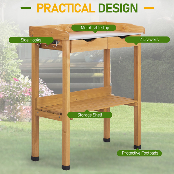 76*37*92.5CM 橘黄色 杉木 2层置物架带2个抽屉 3个侧挂钩 园艺操作台-17