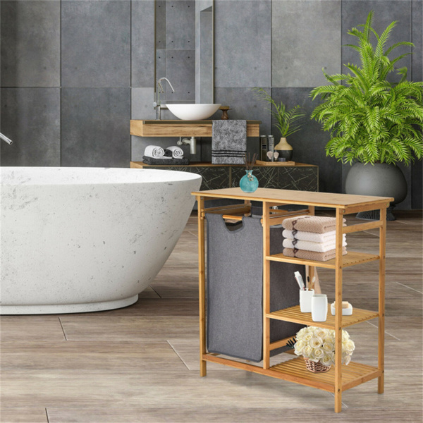 Bamboo Laundry Hamper Stand with 3-Tier Open Shelves