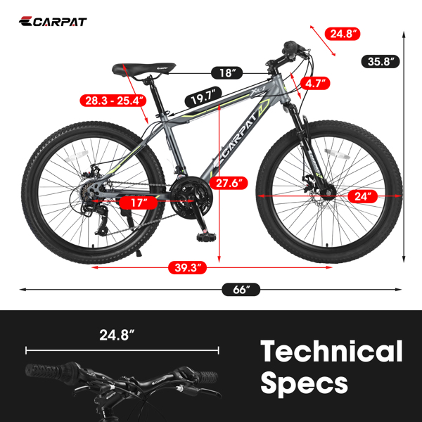 24 英寸山地自行车，男孩女孩适用，钢架，Shimano 21 速山地自行车，带双碟刹和前悬架-2
