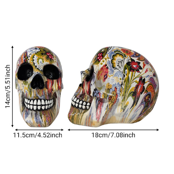 恐怖人头骨骷髅摆件创意头颅彩色花绘桌面摆件万圣节礼品 花纹水转印树脂摆件-2