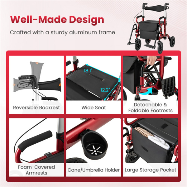 New 2-in-1 Foldable Rollator Walker with 9 Inch Pneumatic Tires 