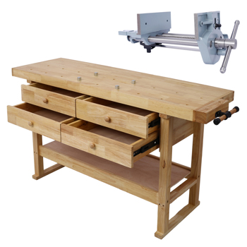 60in Workbench with 4 Drawers Wooden Workbench for Garage Workshop and Home, with Rapid Action Woodworking Vise 7 Inch Jaw Width Made with Heavy-Duty Cast Iron ,GRAY 