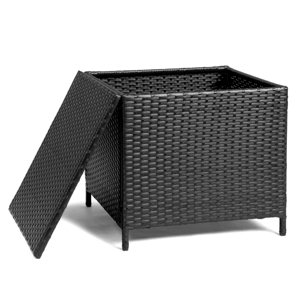 Outdoor PE Wicker Side Table with Storage, Patio Rattan End Table Square Container for Furniture Covers, Toys and Gardening Tools, Black