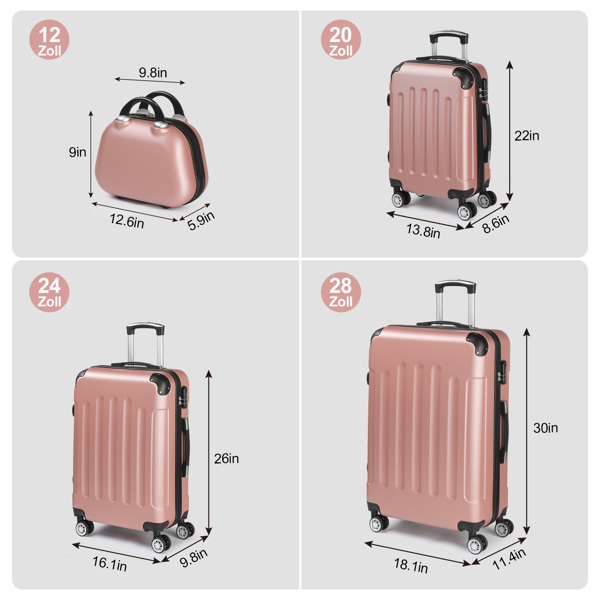 4-Piece Suitcase Set, Travel Suitcase Set, Hard Shell Trolley Made of ABS with Telescopic Handle, Hand Luggage, Rose Gold