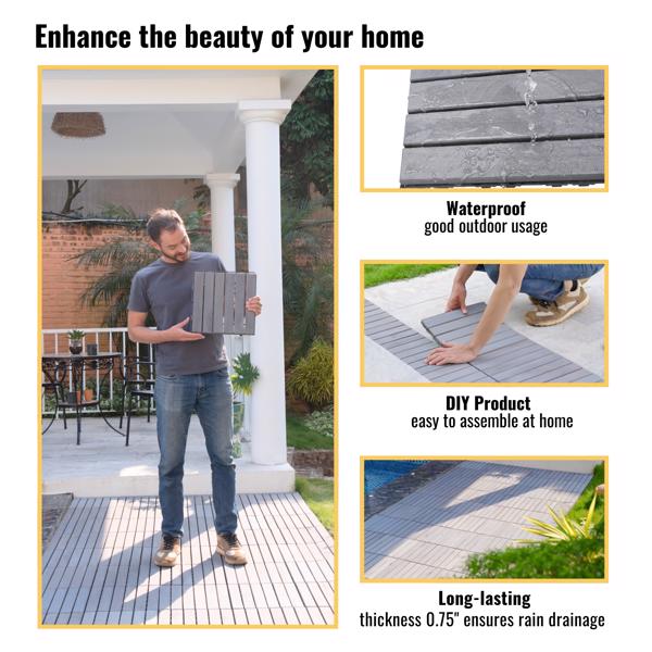 30 块联锁甲板瓷砖条纹图案，12 英寸 x 12 英寸方形浅灰色相思木硬木户外地板，适用于露台、阳台、泳池边-16