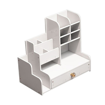 Desktop Stationary Organizer with Drawer, DIY White Pencil Holder Desk Tidy Caddy Art Supply Organizer for Home, Office and School