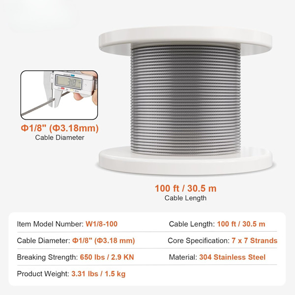 1/8英寸7x7钢丝绳，100英尺长，用于栏杆和支撑的高强度电缆，适用于各种应用的耐用结构（周末不发货，禁售亚马逊）-8