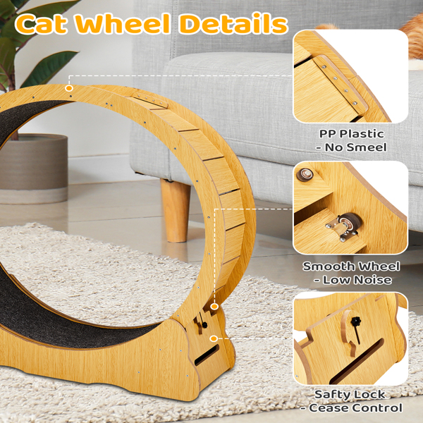 Cat Wheel Exerciser for Indoor Cats, 43.3-inch Large Cat Exercise Wheel for Running Silent, Cat Treadmill with Safety Lock for Cat's Fitness and Health, Natural Wood