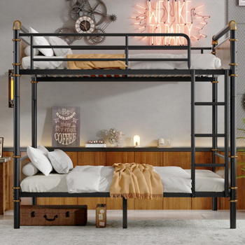 Twin XL over Twin XL Metal Bunk Bed, Industrial Detachable Bunkbeds with Safety Guard Rails for Teens, Black