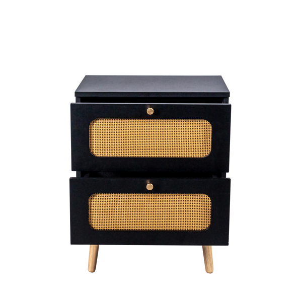 2-drawer Rattan Nightstand for Bedroom and Living Room, End Table, Side Table with 2 Hand Made Rattan Decorated Drawers 