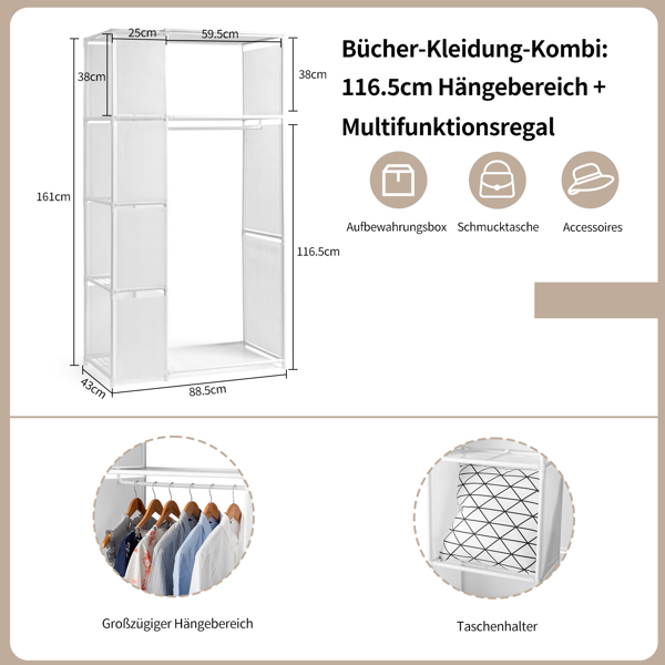 4-Tier Double Row Hanging Wardrobe with Curtains & Storage Compartments – Non-Woven Fabric Closet (88.5*44.5*162.5cm, White)