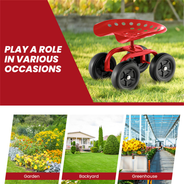 360° Garden Rolling Workseat with Swivel Seat and Adjustable Height-Red 