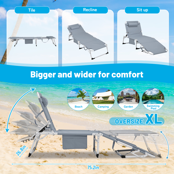 3-in-1 Heavy Duty Tanning Chair with Face Hole Adjustable 5-Position Folding Chaise Lounge Chairs for Outside Portable Lay Flat Beach Lounge Chair for Outdoor Sunbathing Patio Pool Lawn Camping Deck