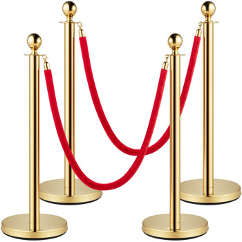 53 lbs Metal Chassis Base Filled with Concrete, 4Pcs Stanchions and 2PCS Velvet Ropes, Stainless Steel Post, Crowd Control Barriers Gold Stanchions, Runner Poles for Party Supplies