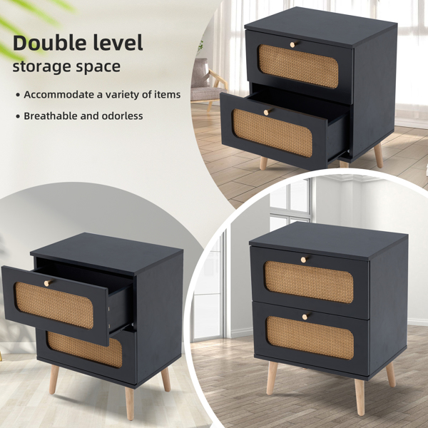 2-drawer Rattan Nightstand for Bedroom and Living Room, End Table, Side Table with 2 Hand Made Rattan Decorated Drawers 