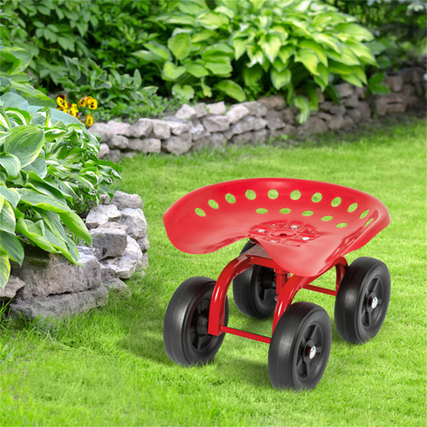 360° Garden Rolling Workseat with Swivel Seat and Adjustable Height-Red 