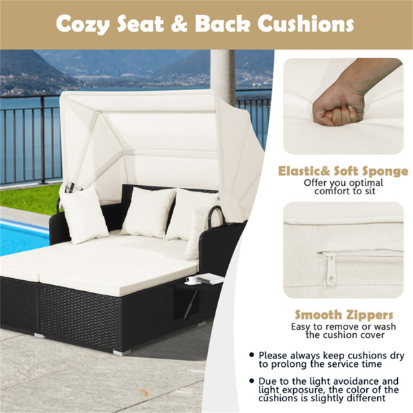 White Rattan Daybed Lounge W/ Retractable Top Canopy Side Tables Cushions 
