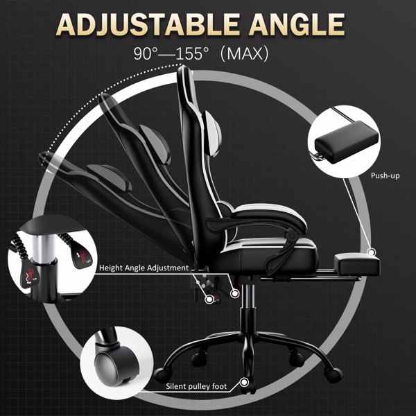 游戏椅，带脚踏和腰部支撑的电脑椅，带头枕的人体工学游戏椅，可调节高度的游戏玩家椅，办公桌椅-3