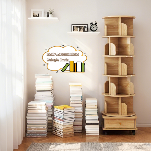 6 Tier Rotating Bookshelf, 360° Display Round Spinning Bookshelf with Wheels and Drawer, Space-Saving, Small Space Rotating Bookshelf Tower for Bedroom, Living Room, Home, Office, Wood Color
