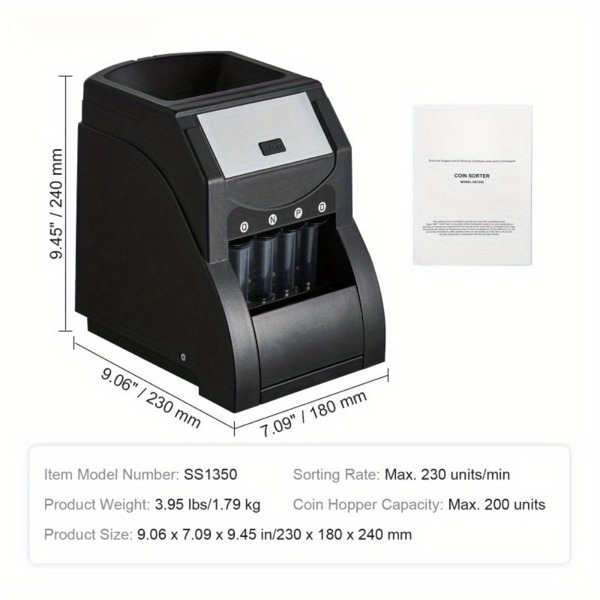 Automatic Coin Sorter Machine for US Coins - Counts & Sorts 230 Pennies/Nickels/Dimes/Quarters per Minute, 200-Coin Capacity, Ideal for Banks/Retail/Home Use