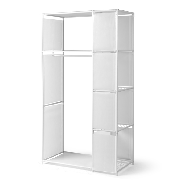 4-Tier Double Row Hanging Wardrobe with Curtains & Storage Compartments – Non-Woven Fabric Closet (88.5*44.5*162.5cm, White)