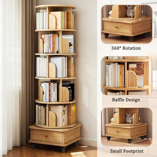 6 Tier Rotating Bookshelf, 360° Display Round Spinning Bookshelf with Wheels and Drawer, Space-Saving, Small Space Rotating Bookshelf Tower for Bedroom, Living Room, Home, Office, Wood Color