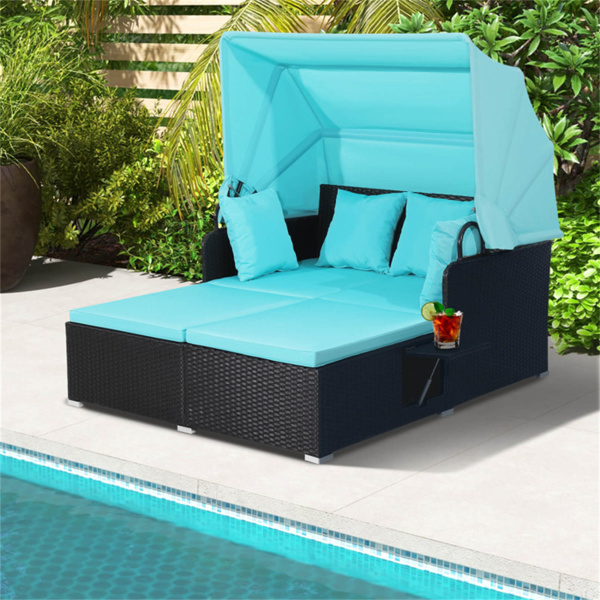 Turquoise Rattan Daybed Lounge W/ Retractable Top Canopy Side Tables Cushions 