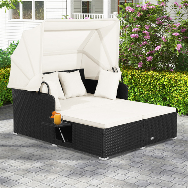White Rattan Daybed Lounge W/ Retractable Top Canopy Side Tables Cushions 