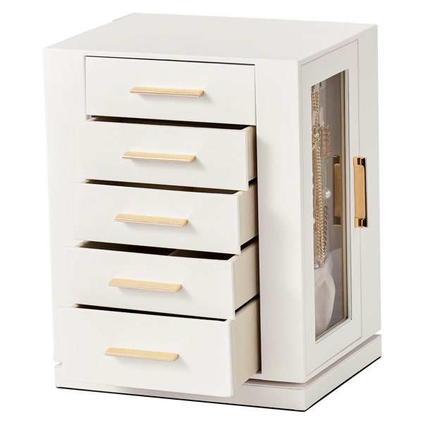 360° Rotating Jewelry Box with 5 Drawers - White Cabinet & Pink Velvet Storage (22x18x28.5cm)