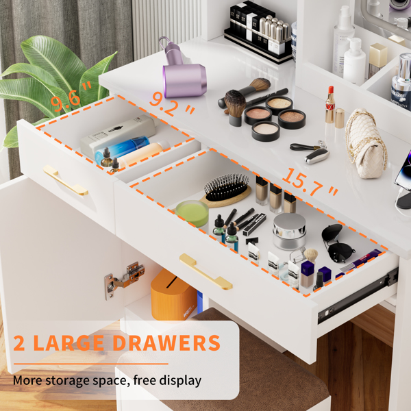 32'' Wide Makeup Vanity Desk with Lighted Mirror and Power Outlet, Dressing Table with Large Storage Space and Cushioned Stool for Bedroom & Studio