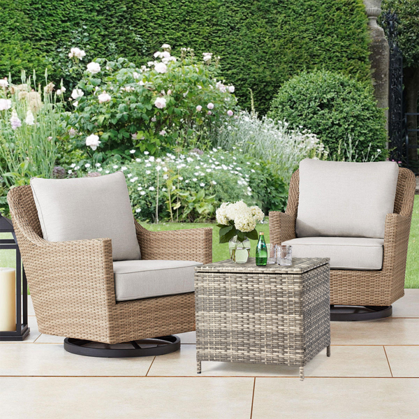 Outdoor PE Wicker Side Table with Storage, Patio Rattan End Table Square Container for Furniture Covers, Toys and Gardening Tools, Grey 