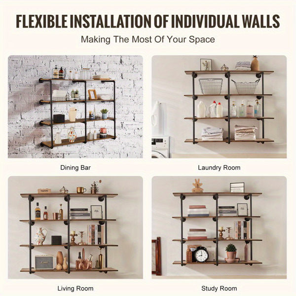 【Excluding storage board】4-Tier Industrial Pipe Shelf, 3PCS Set, 11.8in Width, Wall-Mount Storage Solution for Home or Office, Planks Not Included