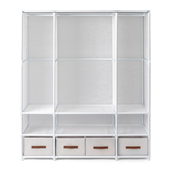 3-Tier Hanging Wardrobe with Storage Boxes & Curtains – Non-Woven Fabric Closet (144*45*166.5cm, White)