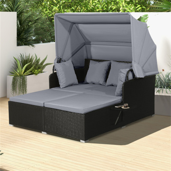 Gray  <b style=\\'color:red\\'>Rattan</b> Daybed Lounge W/ Retractable Top Canopy Side Tables Cushions 