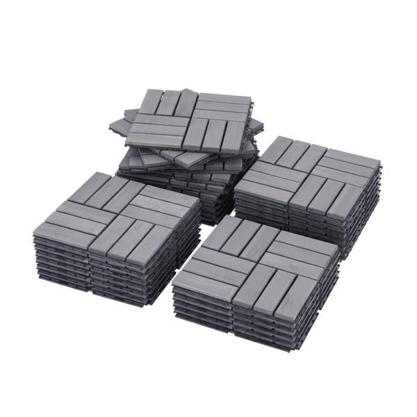 30 块棋盘格图案互锁甲板瓷砖，12 英寸 x 12 英寸方形浅灰色相思木硬木户外地板，适用于露台、阳台、泳池边-12