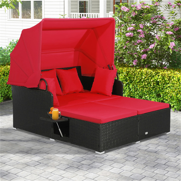 Red Rattan Daybed Lounge W/ Retractable Top Canopy Side Tables Cushions 
